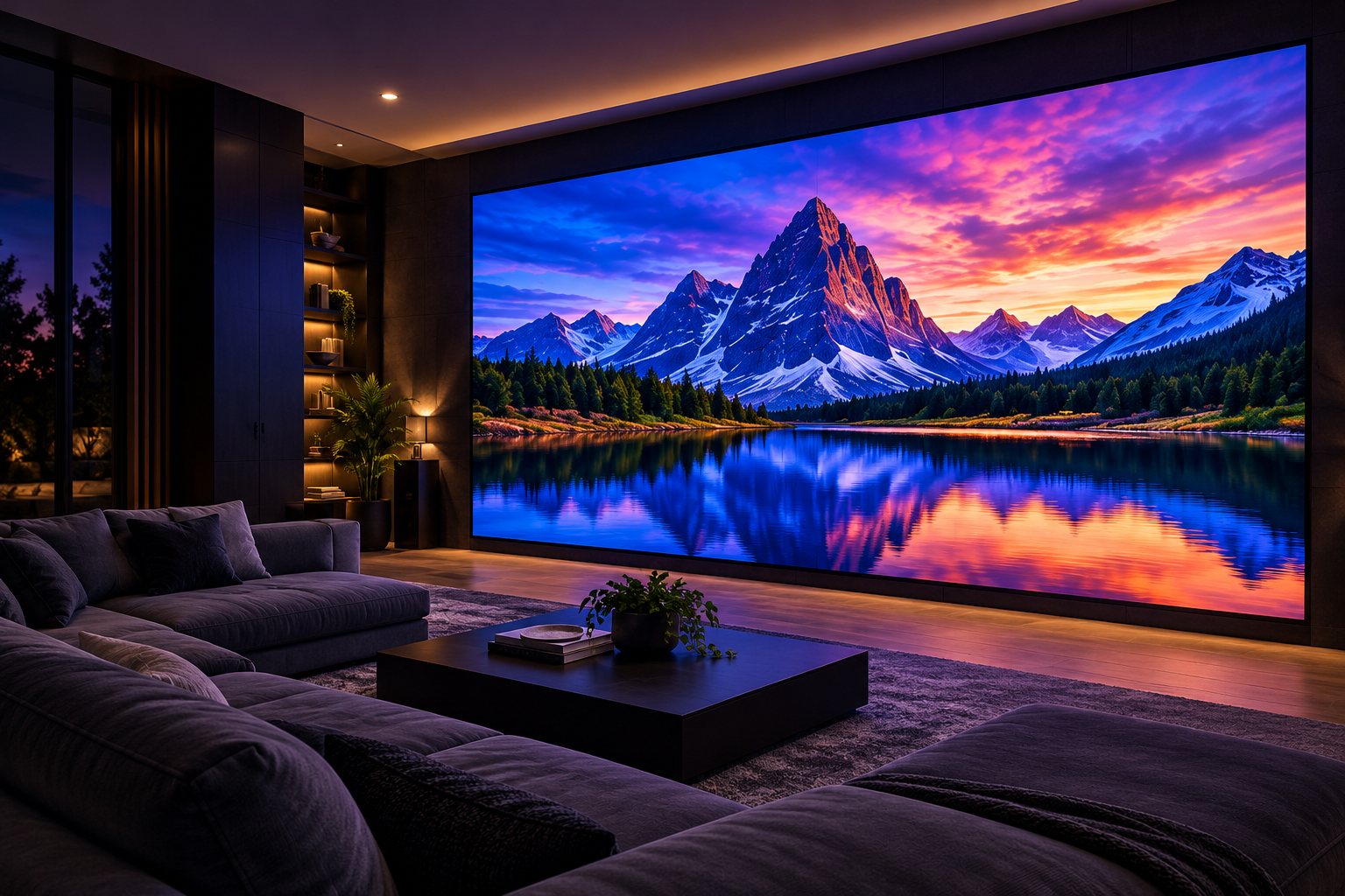 Illustrative concept of an LED video wall in a contemporary home cinema